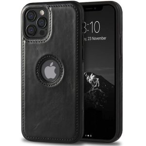 Leather Logo Cut Case for Apple - iPhone 12/12 Pro, Premium Black