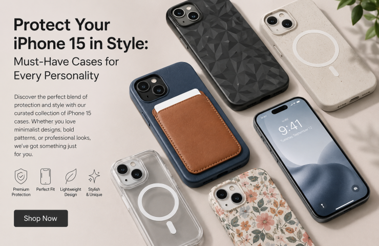 Stylish collection of protective iPhone 15 cases in modern, floral, transparent, and leather designs displayed in a premium ad layout.