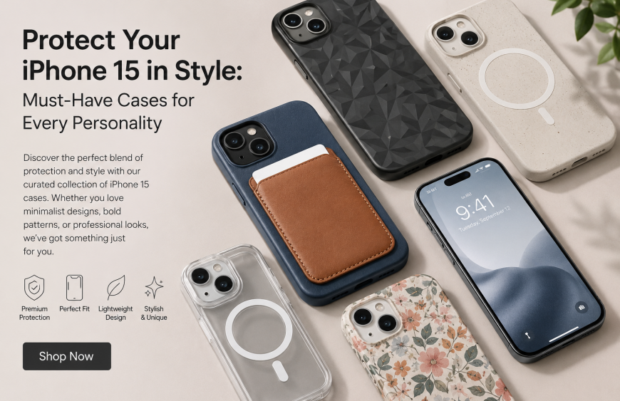 Stylish collection of protective iPhone 15 cases in modern, floral, transparent, and leather designs displayed in a premium ad layout.