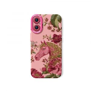 Elegant Horse & Floral Pattern Silicone Case for Apple iPhone Series - iPhone 16, Pink