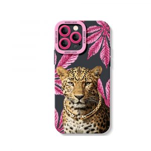 Leopard with Pink Leaves Silicone Case for Apple iPhone Series