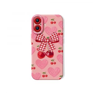 Cherry Bow Pattern Silicone Case for Apple iPhone Series - iPhone 16, Pink