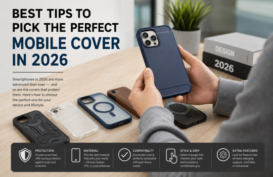 Modern mobile covers and iPhone cases displayed on a desk with 2026 smartphone protection guide for minibay.